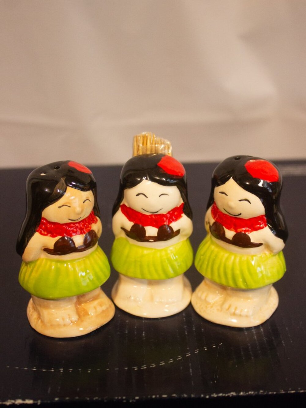 Vintage Ceramic Hula Girl Salt & Pepper Shakers + Toothpick Holder – Hawaiiana